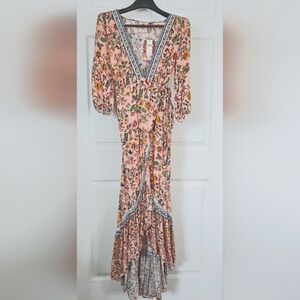 FARM RIO Anthropologie Long Sleeve V-Neck Wrap Dress Pink Floral Small